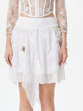 Banana USA Asymmetrical White Sheer Beaded Sequin floral Skirt Boho Fairy core